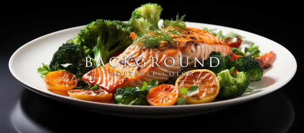 PSD fried salmon steak and vegetables served on the kitchen table