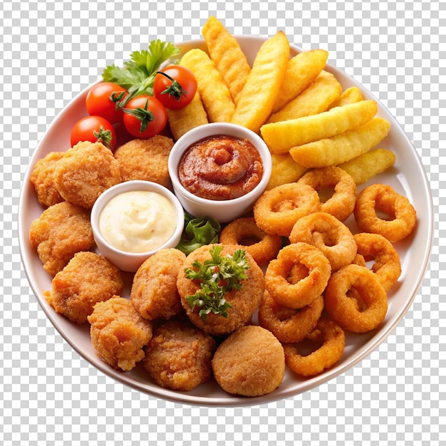 Fried snacks on white plate Isolated on transparent background