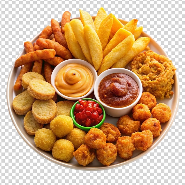 Fried snacks on white plate Isolated on transparent background