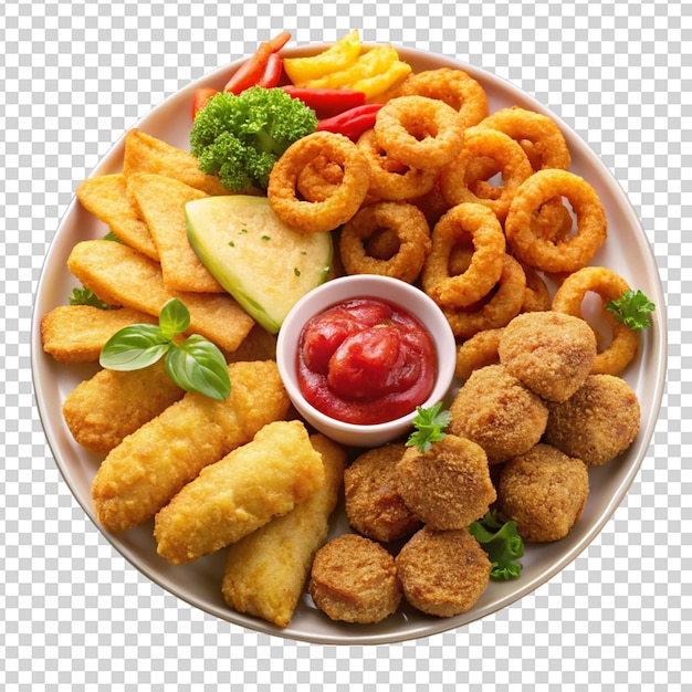 Fried snacks on white plate Isolated on transparent background