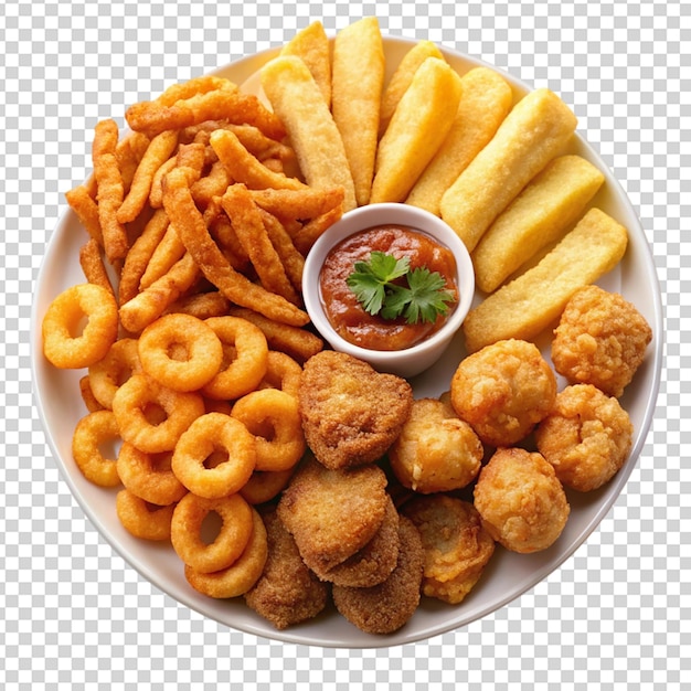 Fried snacks on white plate Isolated on transparent background