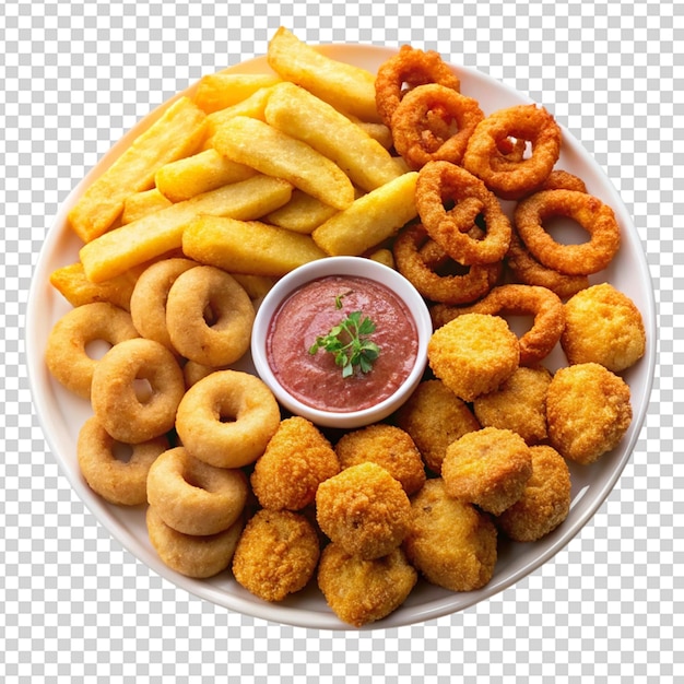 Fried snacks on white plate Isolated on transparent background