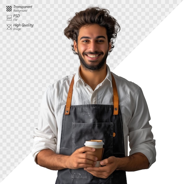 PSD friendly barista in apron holding a coffee cup smiling warmly