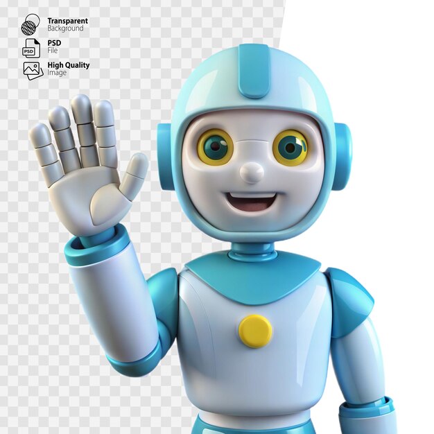 PSD friendly blue robot waving hello with open hand and big smile