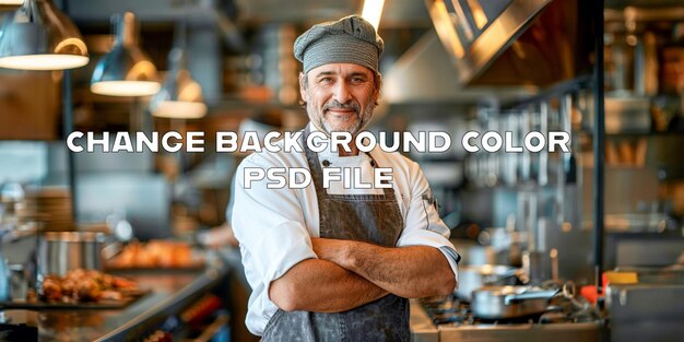 PSD friendly chef in restaurant kitchen with arms crossed