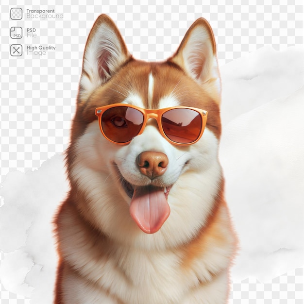 PSD a friendly siberian husky dog wearing orange sunglasses with a happy expression and tongue sticking out