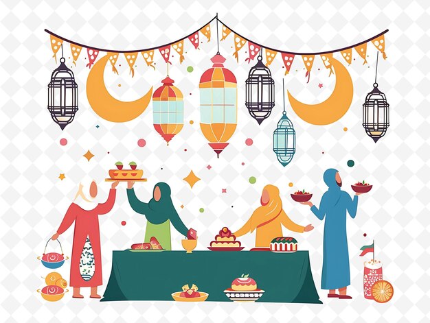 PSD friends celebrating eid al fitr with feasts and gifts design flat illustration culture character