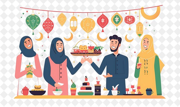 PSD friends celebrating eid al fitr with feasts and gifts design flat illustration festival of the world