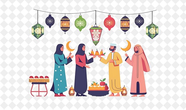 PSD friends celebrating eid al fitr with feasts and gifts design flat illustration festival of the world