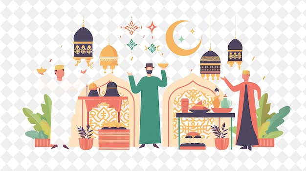 PSD friends celebrating eid al fitr with feasts and gifts design flat illustration festival of the world