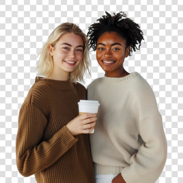 PSD friends smiling holding coffee cup