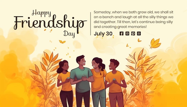 Friendship Day concept group of friends happily standing illustration on light orange background