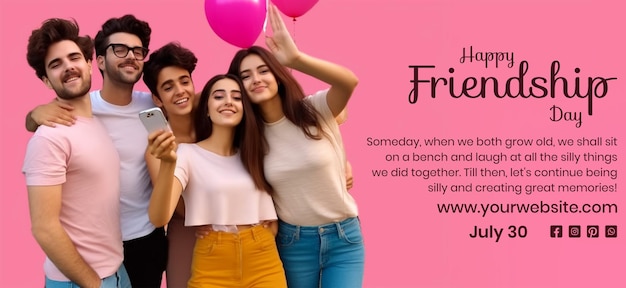 Friendship Day concept group of friends happily taking a selfie scene on pink background