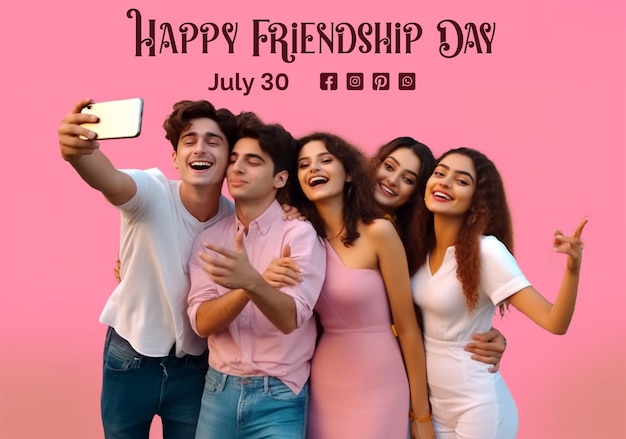 Friendship Day concept group of friends happily taking a selfie scene on pink background