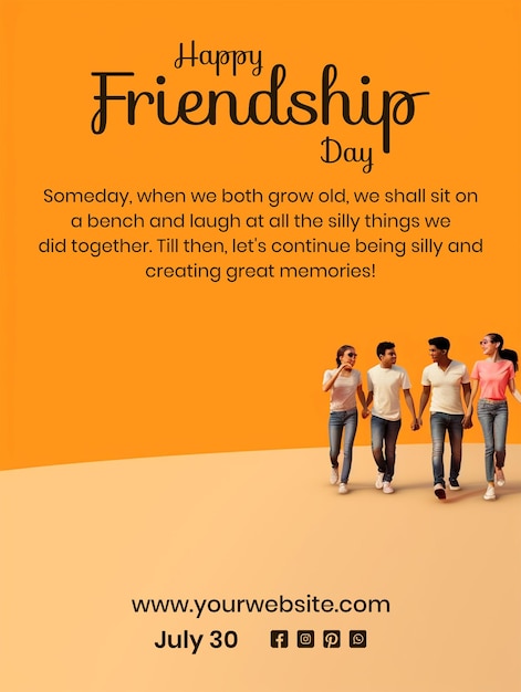 Friendship Day concept group of friends happily walking scene on light orange background