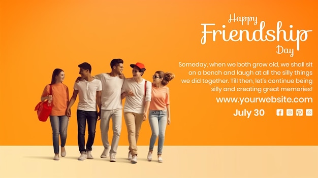 PSD friendship day concept group of friends happily walking scene on light orange background