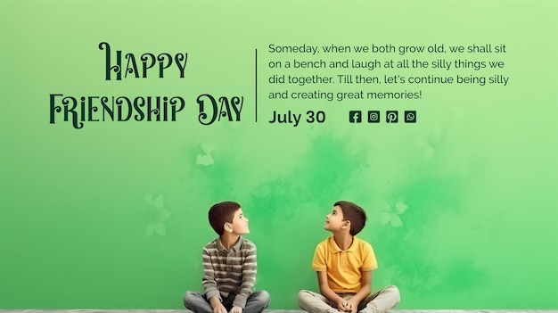 PSD friendship day concept two boys sitting scene on light green background