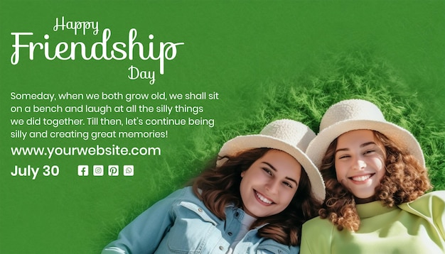 Friendship Day concept two girls lay down in a grassy field on light green background