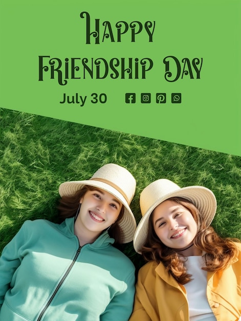 PSD friendship day concept two girls lay down in a grassy field on light green background