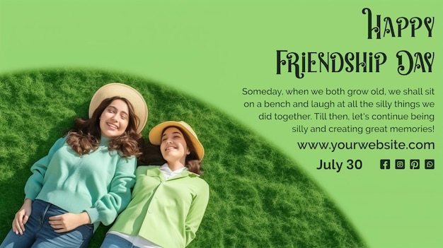 PSD friendship day concept two girls lay down in a grassy field on light green background