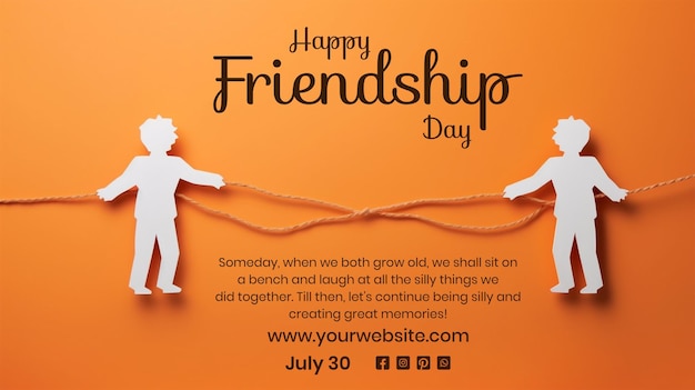 PSD friendship day concept two papercut style boys together using a thin rope on light orange background