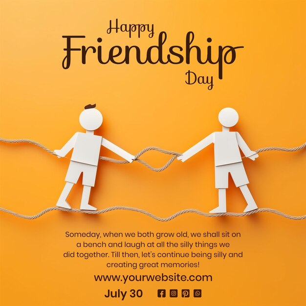 PSD friendship day concept two papercut style boys together using a thin rope on light orange background