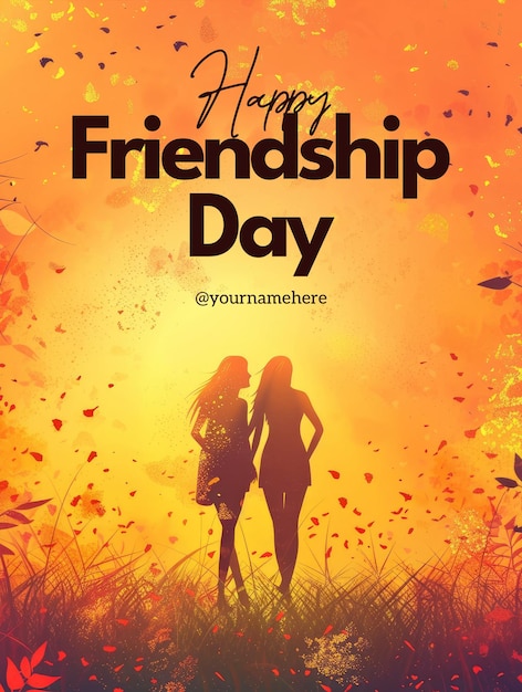 PSD friendship template banner with an illustration background of friends holding each looking happy