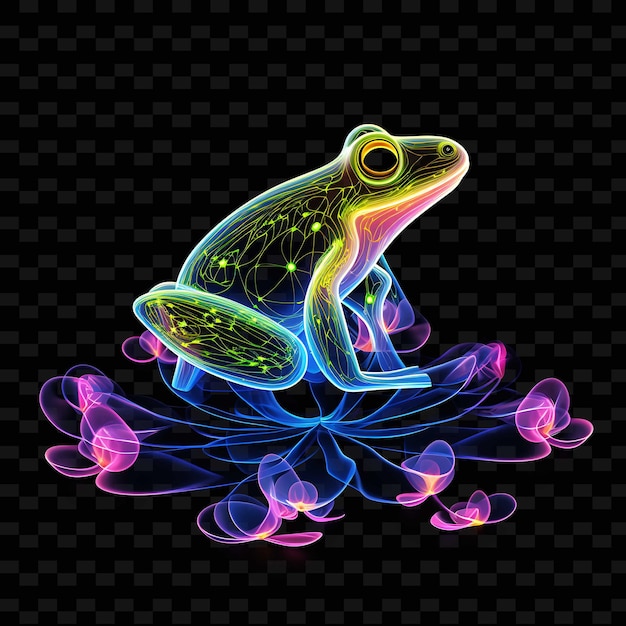 Frog Enchanted Pond Spiraling Neon Lines Water Lily Webbed F PNG Y2K Shapes Transparent Light Arts