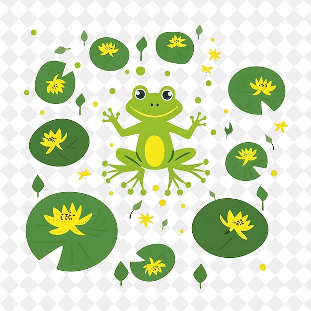 PSD a frog sits in a circle of leaves and flowers