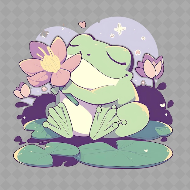 a frog with a flower in his mouth sits on a flower