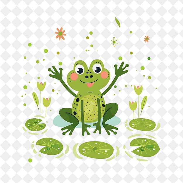 a frog with green spots and bubbles on a checkered background