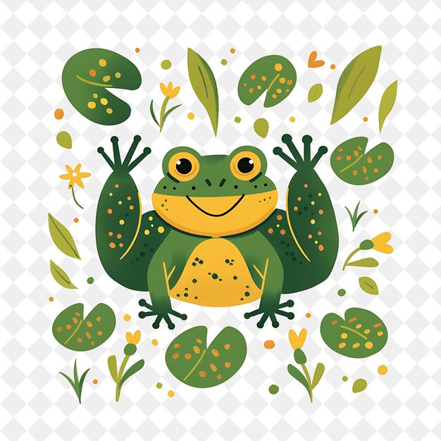 PSD a frog with yellow eyes and green leaves on a checkered background