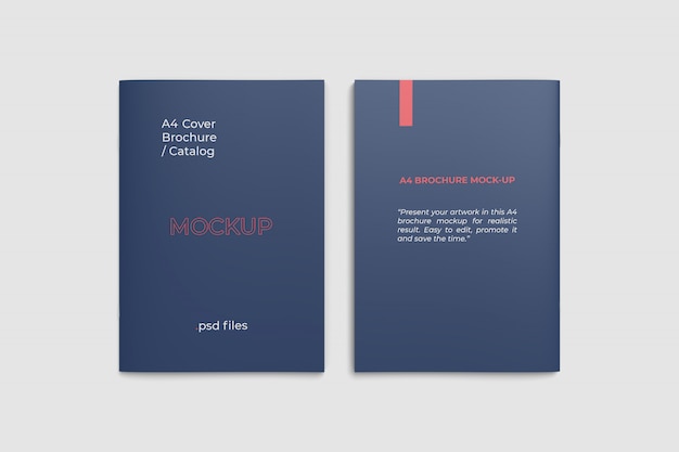 Front and back A4 brochure cover mockup top angle view