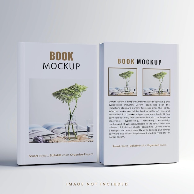 Front and back view book cover presentation standing on white surface mockup