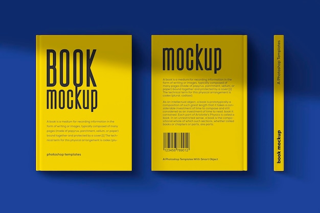 PSD front back yellow book mockup on blue background