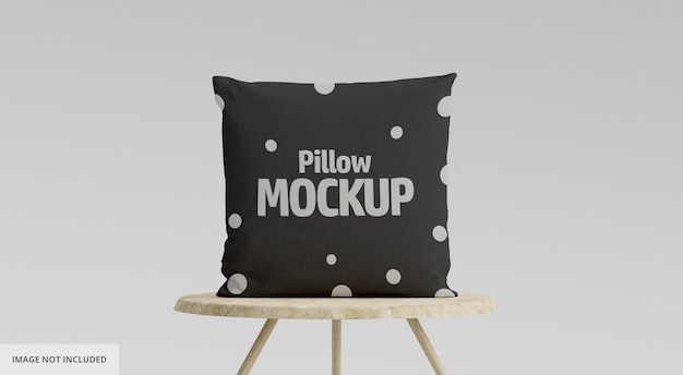 Front View of Black Pillow Mockup on Wooden Stool