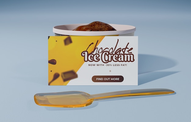 Front view of container with chocolate ice cream and plastic spoon