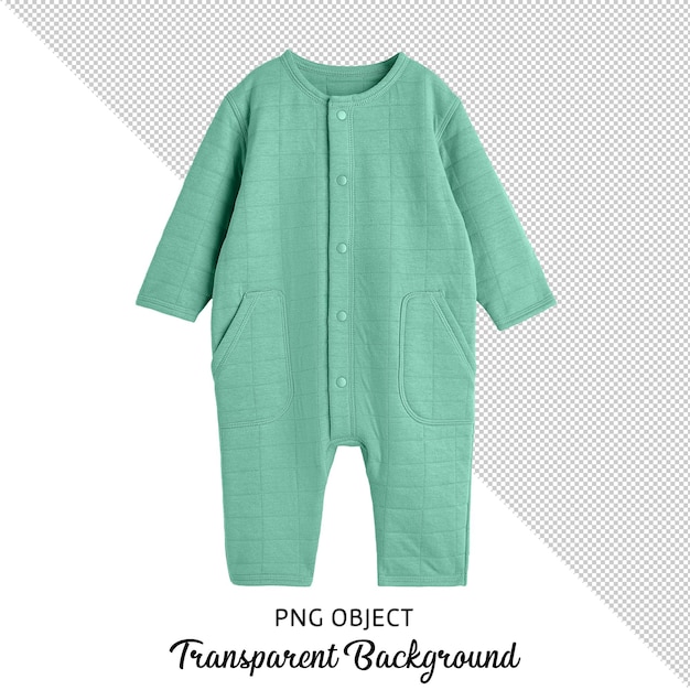 Front view of green baby jumpsuit on transparent background