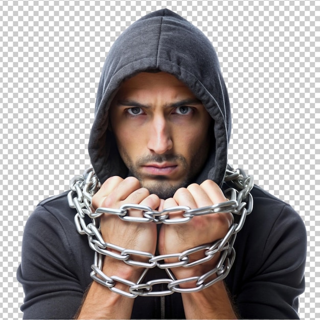 PSD front view of male hacker with hands tied by metal