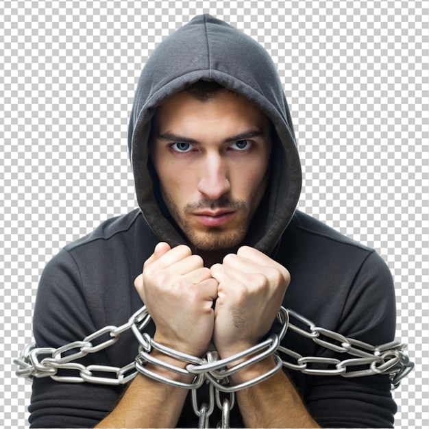 front view of male hacker with hands tied by metal