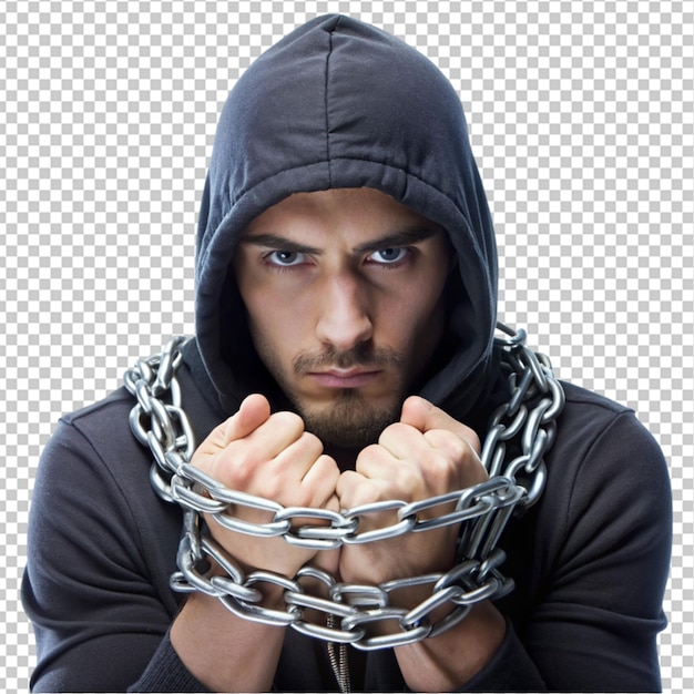 front view of male hacker with hands tied by metal