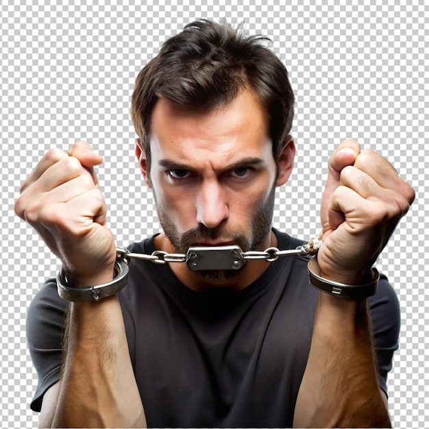 PSD front view of male hacker with hands tied by metal