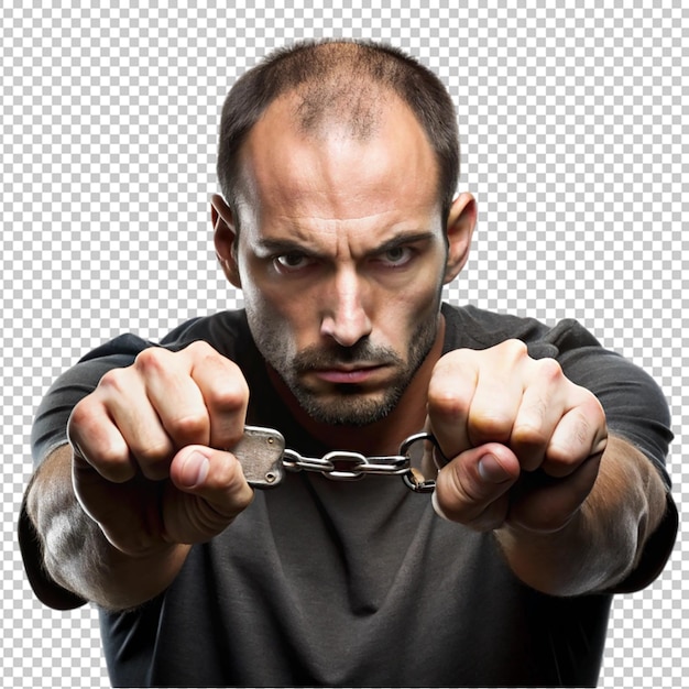 PSD front view of male hacker with hands tied by metal