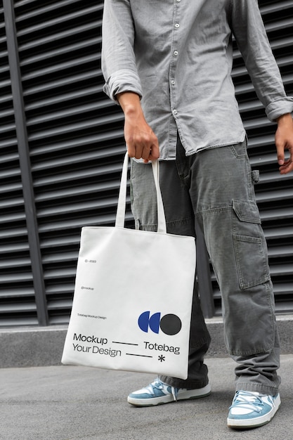 Front view man holding totebag mockup