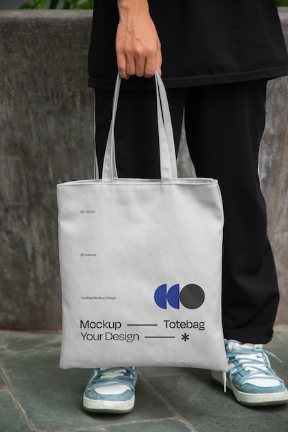 Front view man holding totebag mockup