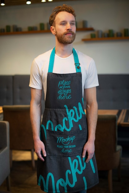 Front view man wearing apron at work