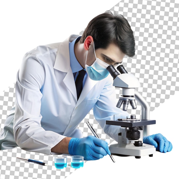 Front view middleaged scientist in white medical suit using microscope