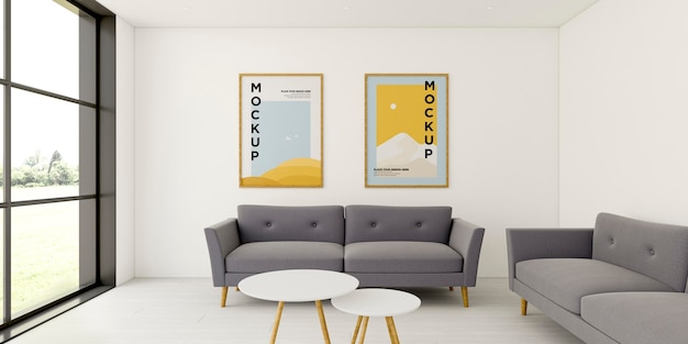 Front view minimalist interior arrangement with frames mock-up