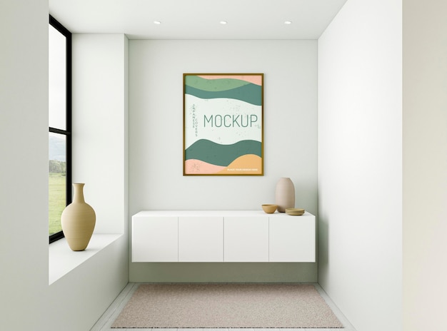 Front view minimalist interior composition with frame mock-up