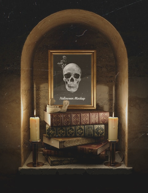 Front view mock-up frame with skull and pile of books